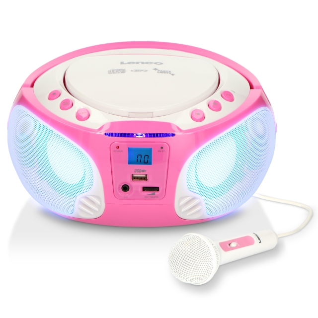 Lenco Bærbar FM-radio CD/MP3/USB-mikrofon og lyseffekter Pink