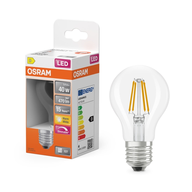 Osram Pære LED Retrofit Classic A Dim 3,4W 827 Clear E27