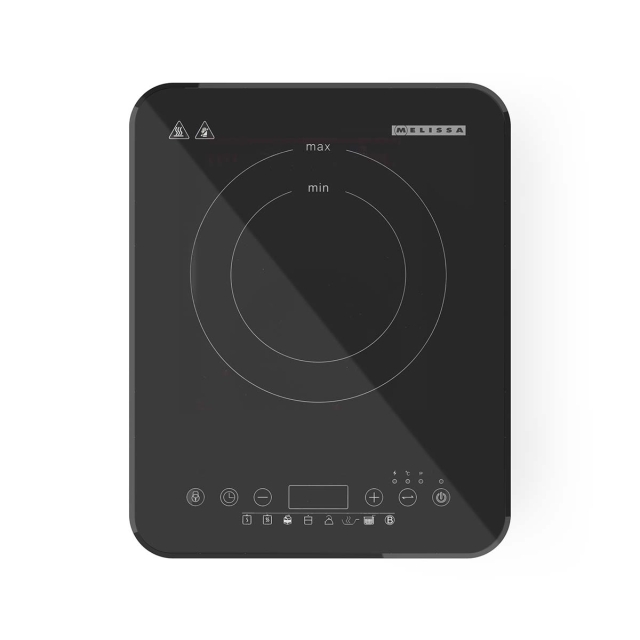 MELISSA Induktionskogeplade | 2000 W | 10 effektniveauer | 8 forudindstillinger | Timerfunktion | Boostfunktion | LCD-display | Overophedningsbeskyttelse | Børnesikring | Sort
