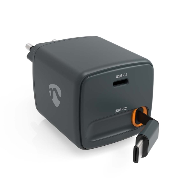 Nedis Vægoplader | Med udtrækkeligt kabel | 30 W | GaN | PD3.0 30W | 1.5 / 2.0 / 2.5 / 3.0 A | Antal output: 1 | USB-C™ | USB-C™ udtrækkeligt kabel | 0.75 m | Automatisk Valgt Spænding | Sort