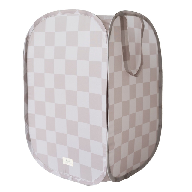 3 Sprouts Pop-up vasketøjskurv – beige ternet mønster – 36 cm x 36 cm x 58 cm