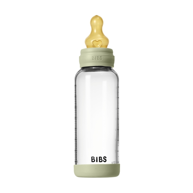 BIBS Glasflaske til baby, rund, latex, medium gennemstrømning – salvie – 240 ml