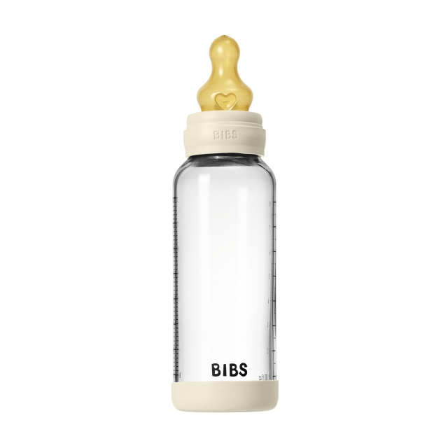 BIBS Rund glasflaske til babyer med latex-sut og medium gennemstrømning – elfenben – 240 ml