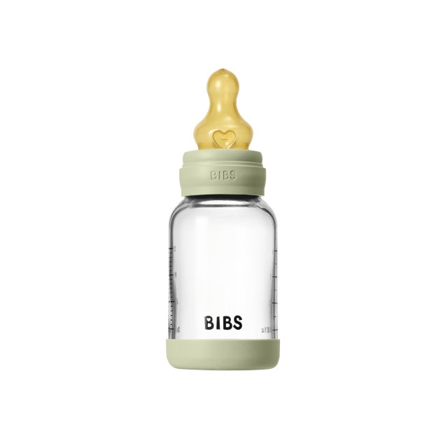 BIBS Rund glasflaske med latex-sut og langsomt flow – salvie – 120 ml