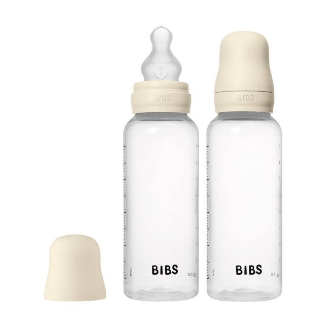 BIBS Babyflaske, rund, silikone, 2-pak, medium gennemstrømning – elfenben – 270 ml
