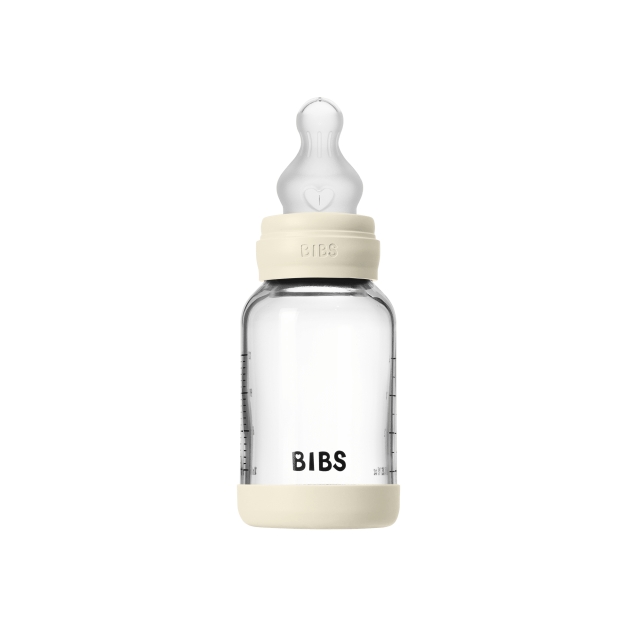 BIBS Glasflaske til baby, rund, med silikone, 1 stk., 120 ml, langsomt flow – elfenben – 120 ml