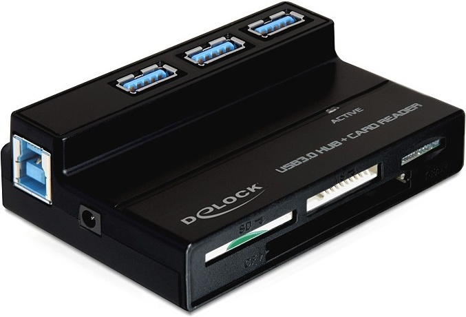 DeLOCK USB 3.0 hub kombineret med hukommelseskortlæser, 3xType A port i gruppen HJEMMEELEKTRONIK / Lagringsmedier / Hukommelseskortlæser hos TP E-commerce Nordic AB (38-16549)