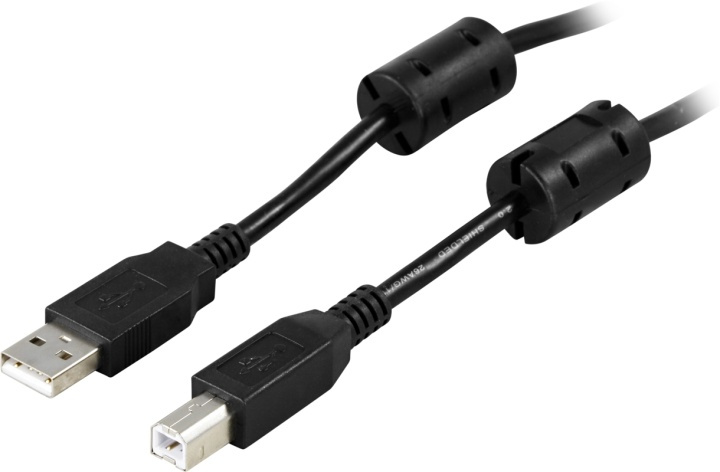 DELTACO USB 2.0 kabel Type A han - Type B han, ferrikerner, 5m, sort i gruppen COMPUTERTILBEHØR / Kabler og adaptere / USB / USB-A / Kabler hos TP E-commerce Nordic AB (38-18067)