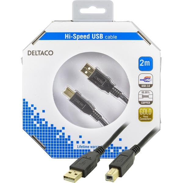 DELTACO, USB 2.0 kabel Typ A hane - Typ B hane 2m, svart (USB-218S-K) i gruppen COMPUTERTILBEHØR / Kabler og adaptere / USB / USB-A hos TP E-commerce Nordic AB (38-18147)