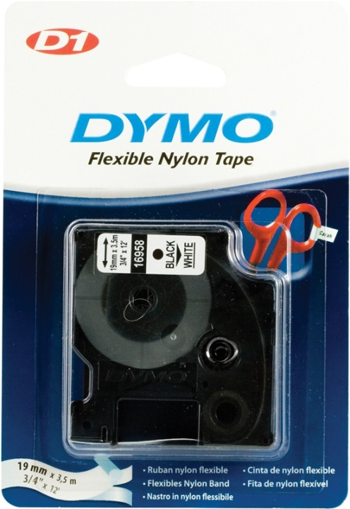 DYMO D1, markeringstape i nylon, 19 mm, sort tekst på hvid tape, 3,5 i gruppen COMPUTERTILBEHØR / Printere og tilbehør / Printere / Labelmaskiner og tilbehør / Tape hos TP E-commerce Nordic AB (38-18536)