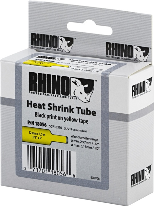 DYMO RhinoPRO, shrink tubing, 12x1,5 mm, sort tekst på gul tape, 1,5 i gruppen COMPUTERTILBEHØR / Printere og tilbehør / Printere / Labelmaskiner og tilbehør / Tape hos TP E-commerce Nordic AB (38-18644)