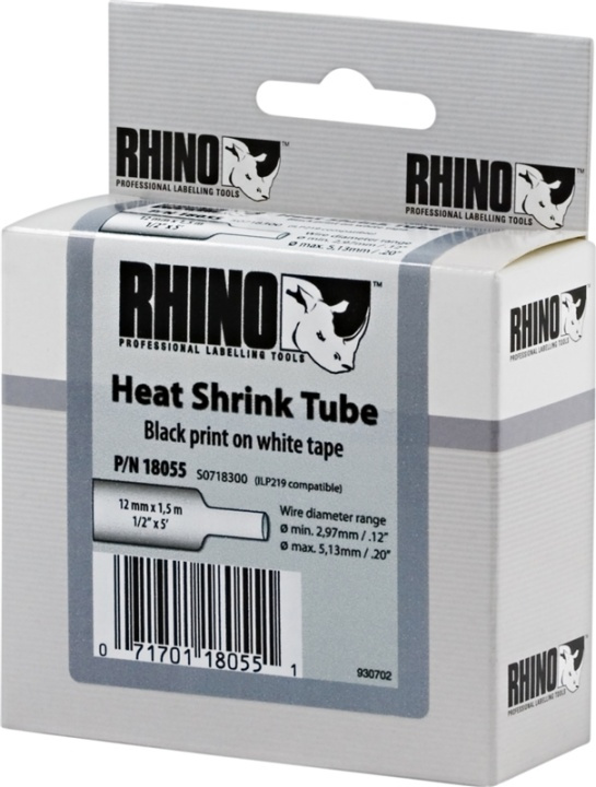 DYMO RhinoPRO, shrink tubing, 12x1,5 mm, sort tekst på hvid tape, 1,5 i gruppen COMPUTERTILBEHØR / Printere og tilbehør / Printere / Labelmaskiner og tilbehør / Tape hos TP E-commerce Nordic AB (38-18645)