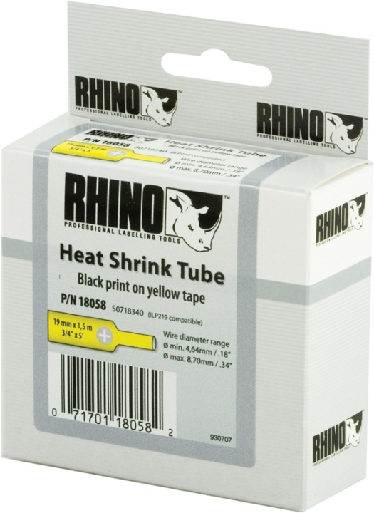 DYMO RhinoPRO, shrink tubing, 19x1,5 mm, sort tekst på gul tape, 1,5 i gruppen COMPUTERTILBEHØR / Printere og tilbehør / Printere / Labelmaskiner og tilbehør / Tape hos TP E-commerce Nordic AB (38-18646)