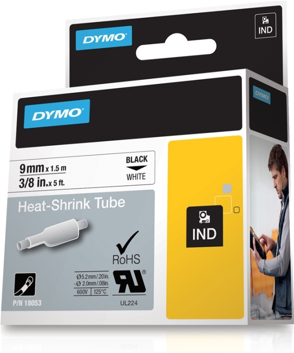 DYMO RhinoPRO mærkbar krympplast 9mm, sort tekst på hvid rulle, 1,5m i gruppen COMPUTERTILBEHØR / Printere og tilbehør / Printere / Labelmaskiner og tilbehør / Tape hos TP E-commerce Nordic AB (38-18651)