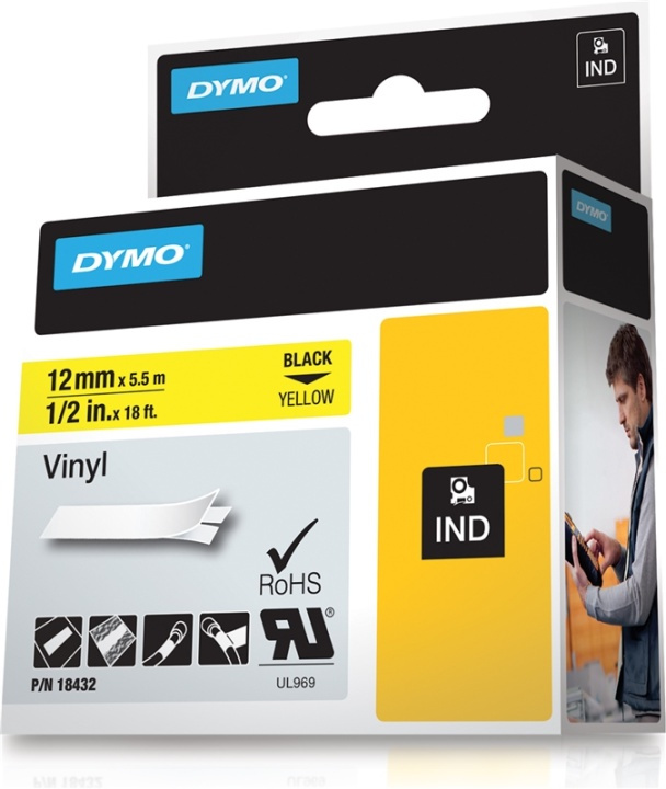DYMO Rhino Professional, mærkbar permanent vinyltape, 12 mm, ssort te i gruppen COMPUTERTILBEHØR / Printere og tilbehør / Printere / Labelmaskiner og tilbehør / Tape hos TP E-commerce Nordic AB (38-18666)