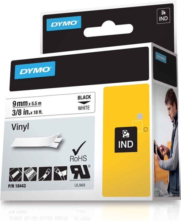 DYMO Rhino Professional, mærkbar permanent vinyltape, 9 mm, sort teks i gruppen COMPUTERTILBEHØR / Printere og tilbehør / Printere / Labelmaskiner og tilbehør / Tape hos TP E-commerce Nordic AB (38-18672)