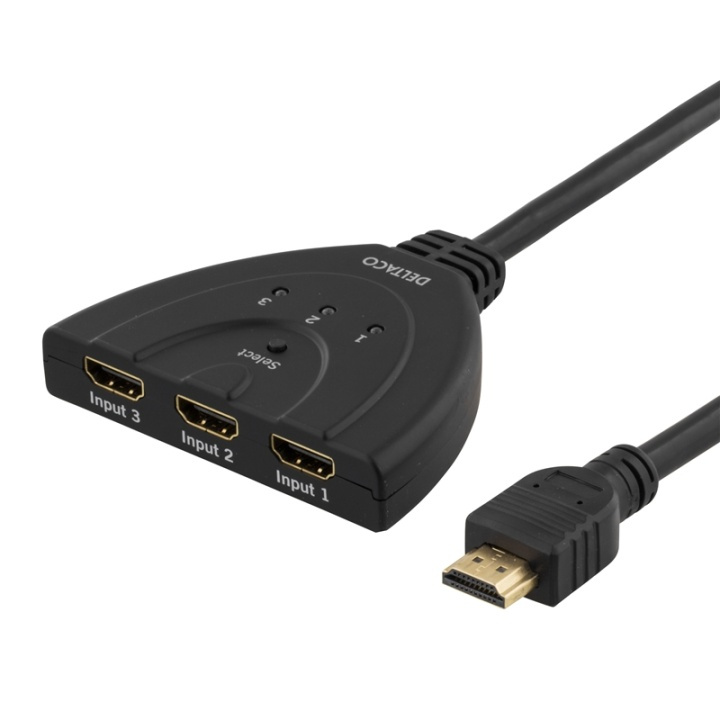 DELTACO HDMI Pigtail Switch, auto/manu HDMI-switch, tre til en, sort i gruppen COMPUTERTILBEHØR / Kabler og adaptere / HDMI / VGA / DVI switche hos TP E-commerce Nordic AB (38-18821)