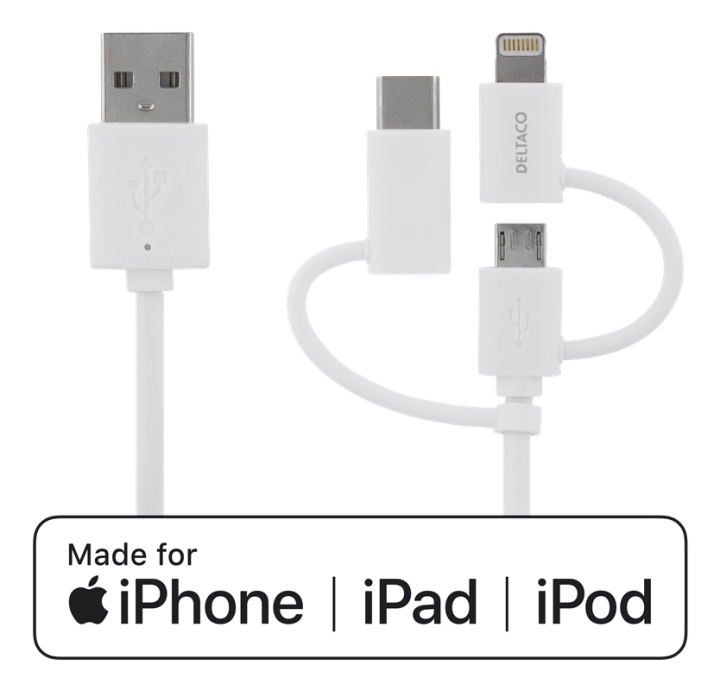 DELTACO USB C/Micro USB/Lightning-sync/-charge cable, MFi, 0,5m, white i gruppen SMARTPHONES & TABLETS / Opladere og kabler / Kabler / Kabler Lightning hos TP E-commerce Nordic AB (38-20735)