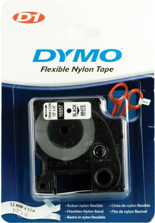 DYMO D1, markeringstape i nylon, 12 mm, sort tekst på hvid tape, 3,5 i gruppen COMPUTERTILBEHØR / Printere og tilbehør / Printere / Labelmaskiner og tilbehør / Tape hos TP E-commerce Nordic AB (38-22248)