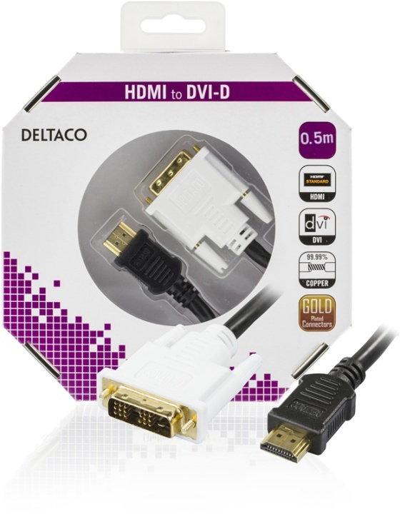 DELTACO HDMI til DVI kabel, 19-pin-DVI- D Single Link, 0,5m, sort/hvid i gruppen COMPUTERTILBEHØR / Kabler og adaptere / DVI / Kabler hos TP E-commerce Nordic AB (38-23542)