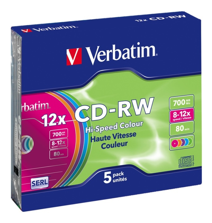 Verbatim CD-RW, 12x, 700 MB/80 min, 5-pack slim case, SERL, farvede i gruppen HJEMMEELEKTRONIK / Lagringsmedier / CD / DVD / BD-diske / CD-RW hos TP E-commerce Nordic AB (38-23642)