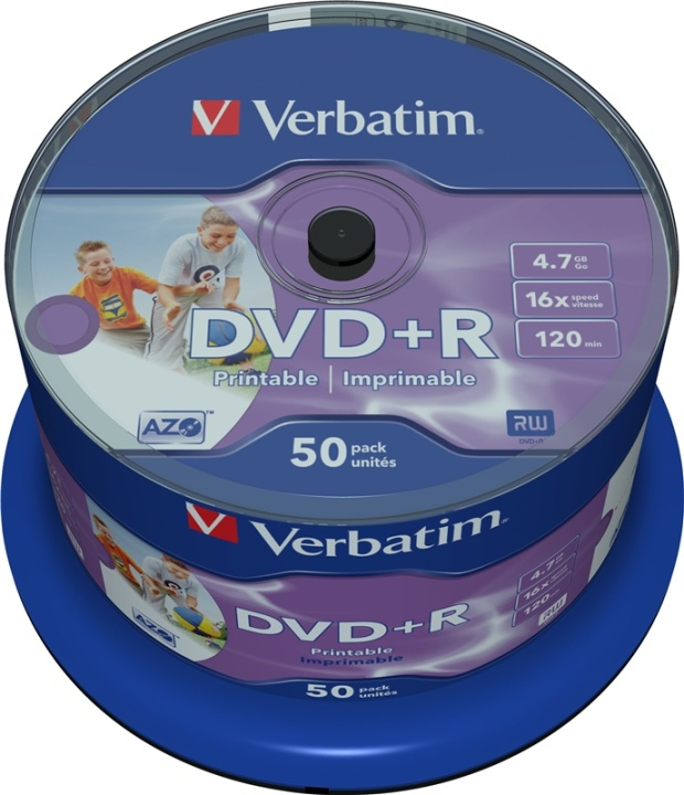 Verbatim DVD+R, 16x, 4,7 GB/120 min, 50-pack spindel, AZO, printable i gruppen HJEMMEELEKTRONIK / Lagringsmedier / CD / DVD / BD-diske / DVD+R hos TP E-commerce Nordic AB (38-23659)