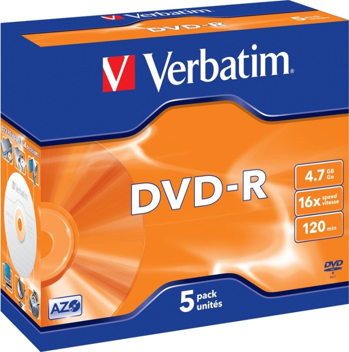 Verbatim DVD-R, 16x, 4,7 GB/120 min, 5-pack jewel case, AZO i gruppen HJEMMEELEKTRONIK / Lagringsmedier / CD / DVD / BD-diske / DVD-R hos TP E-commerce Nordic AB (38-23685)