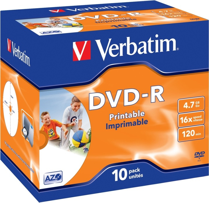 Verbatim DVD-R, 16x, 4,7 GB/120 min, 10-pack jewel case printable mat i gruppen HJEMMEELEKTRONIK / Lagringsmedier / CD / DVD / BD-diske / DVD-R hos TP E-commerce Nordic AB (38-23686)
