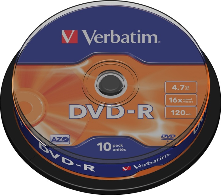 Verbatim DVD-R, 16x, 4,7 GB/120 min, 10-pack spindel, AZO i gruppen HJEMMEELEKTRONIK / Lagringsmedier / CD / DVD / BD-diske / DVD-R hos TP E-commerce Nordic AB (38-23688)
