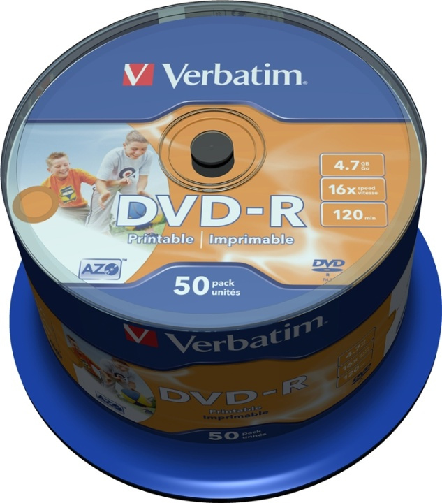 Verbatim DVD-R, 16x, 4,7 GB/120 min, 50-pack spindel, AZO, printable i gruppen HJEMMEELEKTRONIK / Lagringsmedier / CD / DVD / BD-diske / DVD-R hos TP E-commerce Nordic AB (38-23689)