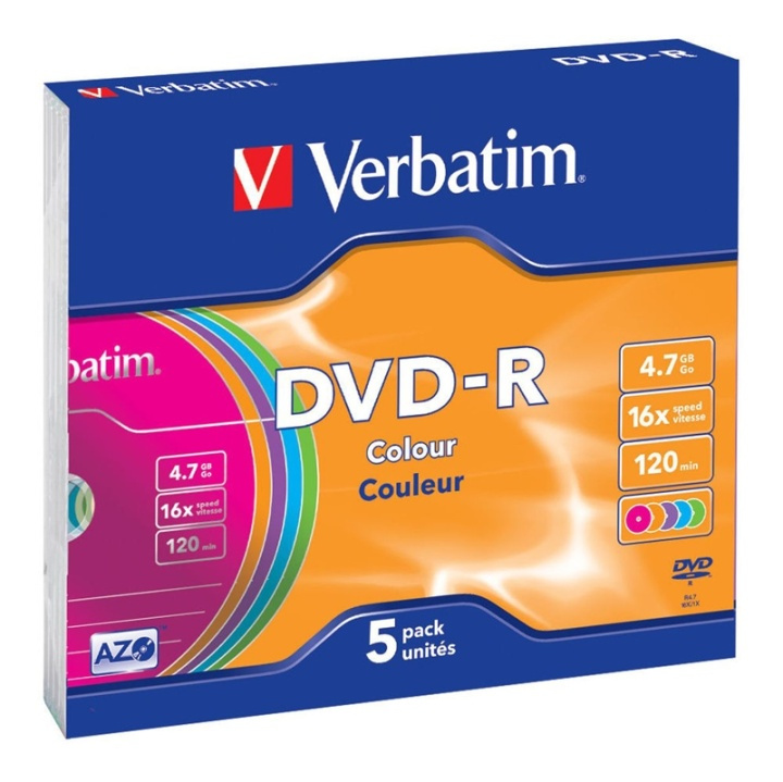 Verbatim DVD-R, 16x, 4,7 GB/120 min, 5-pack slim case, AZO, farvede i gruppen HJEMMEELEKTRONIK / Lagringsmedier / CD / DVD / BD-diske / DVD-R hos TP E-commerce Nordic AB (38-23692)