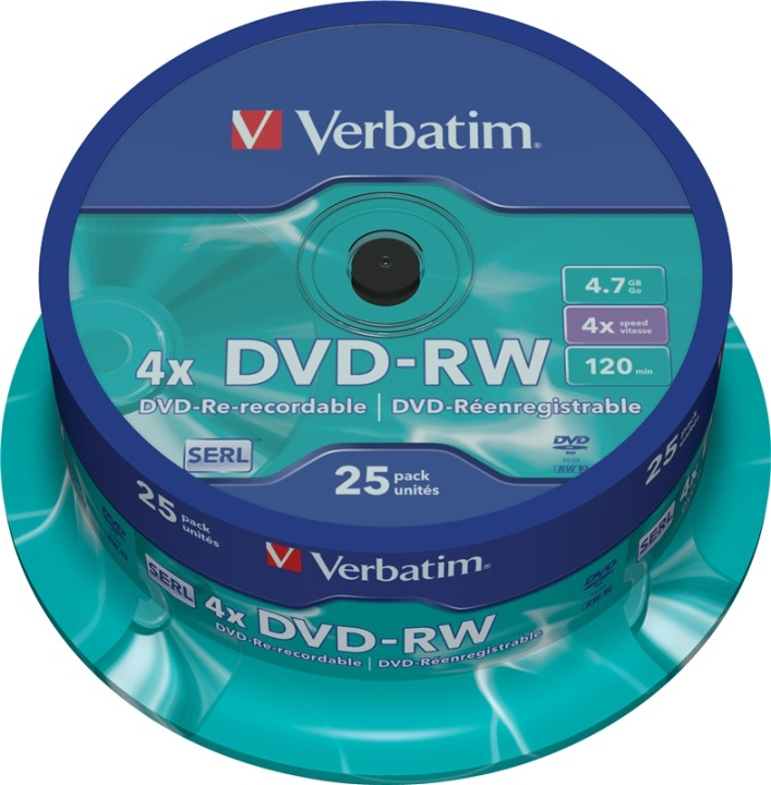 Verbatim DVD-RW, 4x, 4,7 GB/120 min, 25-pack spindel, SERL i gruppen HJEMMEELEKTRONIK / Lagringsmedier / CD / DVD / BD-diske / DVD-RW hos TP E-commerce Nordic AB (38-23706)