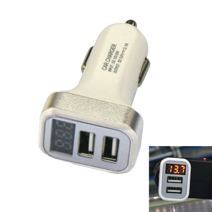 USB-biloplader med 2 USB-porte og display, Sølv i gruppen SMARTPHONES & TABLETS / Opladere og kabler / Bilopladere / Bil oplader USB hos TP E-commerce Nordic AB (38-26745)
