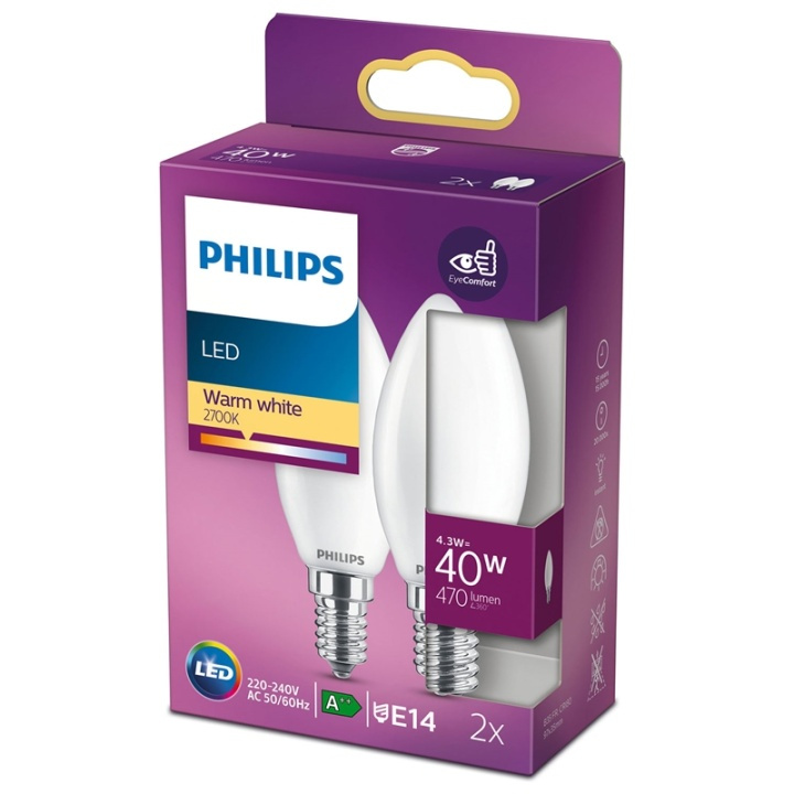 Philips 2-pack LED E14 Kron 40W Frost i gruppen HJEMMEELEKTRONIK / Lys / LED lamper hos TP E-commerce Nordic AB (38-28883)