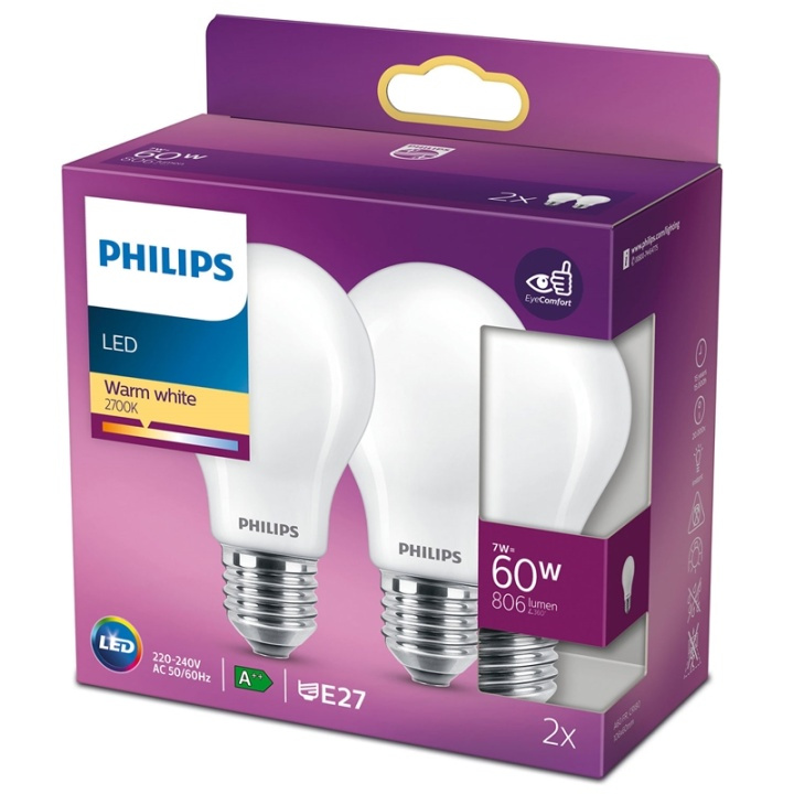 Philips 2-pack LED E27 Normal 60W Fros i gruppen HJEMMEELEKTRONIK / Lys / LED lamper hos TP E-commerce Nordic AB (38-28885)