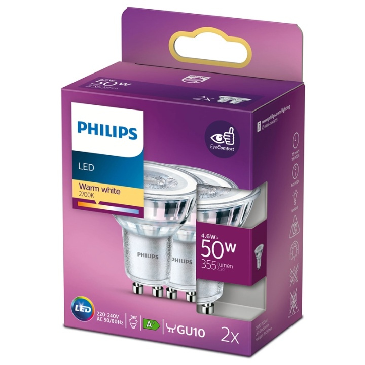 Philips 2-pack LED GU10 Spot 50W 355lm i gruppen HJEMMEELEKTRONIK / Lys / LED lamper hos TP E-commerce Nordic AB (38-28892)