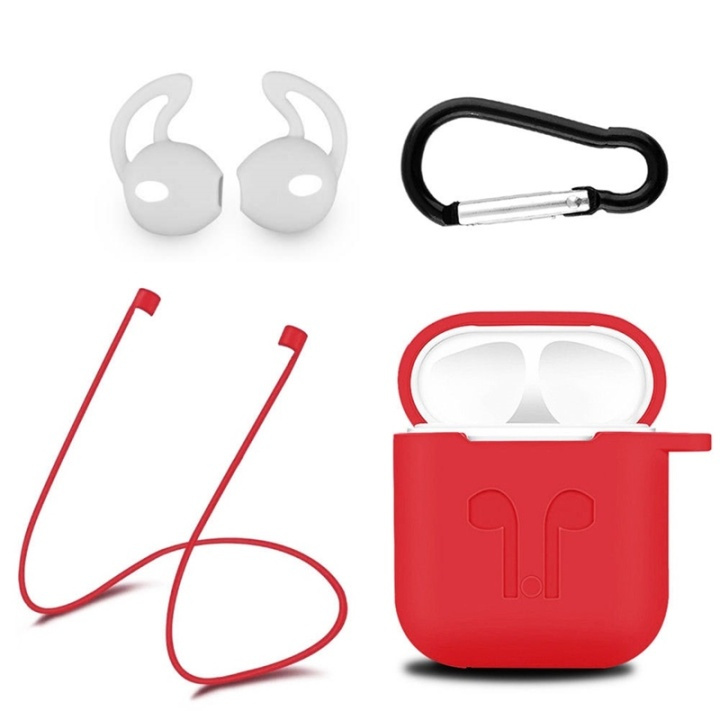 Silikone-kit til Airpods, Silikone-etui, Strap, Silikone-ørepropper, Karabinhage, Rød i gruppen HJEMMEELEKTRONIK / Lyd & billede / Hovedtelefoner & Tilbehør / Tilbehør hos TP E-commerce Nordic AB (38-29057)