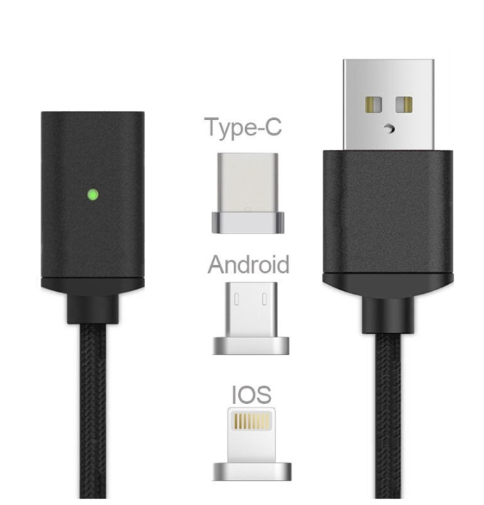 Magnetisk USB-kabel 3 i 1 - USB-C, Micro, Lightning (Svart) i gruppen SMARTPHONES & TABLETS / Opladere og kabler / Kabler / Kabler microUSB hos TP E-commerce Nordic AB (38-29770)