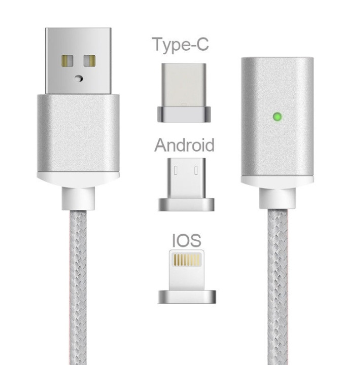 Magnetisk USB-kabel 3 i 1 - USB-C, Micro, Lightning (Sølv) i gruppen SMARTPHONES & TABLETS / Opladere og kabler / Kabler / Kabler microUSB hos TP E-commerce Nordic AB (38-29771)