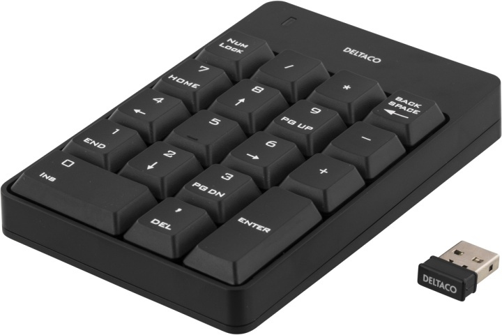 DELTACO trådløst numeriskt tastatur, USB, 10m rækkevidde, sort i gruppen COMPUTERTILBEHØR / Mus og tastatur / Tastatur / Ledningsfri hos TP E-commerce Nordic AB (38-36763)
