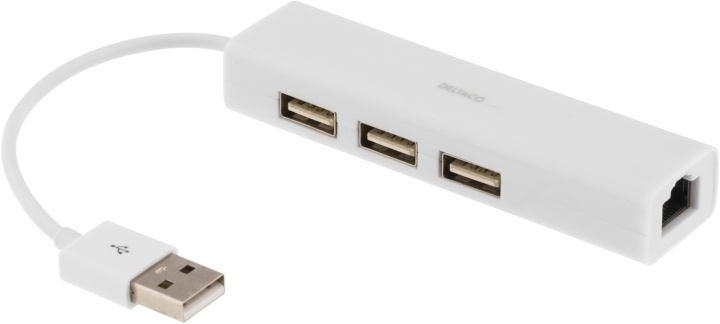 DELTACO USB 2.0 netværksadapter med USB-hub, 10/100Mbps, 1xRJ45, 3x t i gruppen COMPUTERTILBEHØR / Netværk / Netværkskort / USB hos TP E-commerce Nordic AB (38-36776)