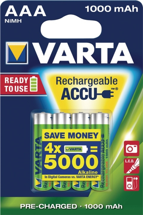 Varta Genopladelige Ni-MH Batteri AAA | 1.2 V DC | 1000 mAh | Forudladet | 4-Blister kort i gruppen HJEMMEELEKTRONIK / Batterier og opladere / Genopladelige batterier / AAA hos TP E-commerce Nordic AB (38-41940)