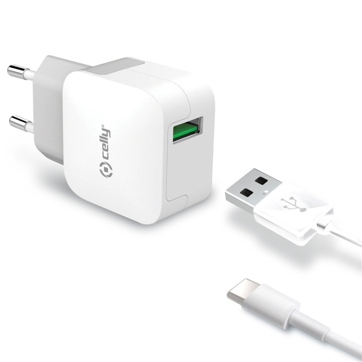 Celly USB-laddare USB-C 2,4A i gruppen SMARTPHONES & TABLETS / Opladere og kabler / Vægoplader / Vægoplader USB hos TP E-commerce Nordic AB (38-50656)