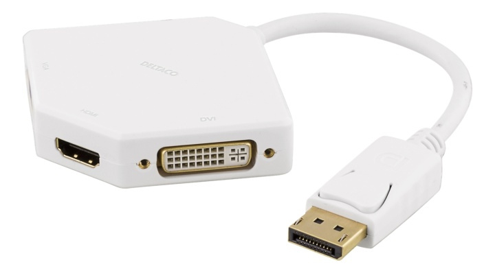 DELTACO DisplayPort to DVI/HDMI/VGA adapter, UHD at 60Hz, 0,2m, white i gruppen COMPUTERTILBEHØR / Kabler og adaptere / DisplayPort / Adaptere hos TP E-commerce Nordic AB (38-53327)