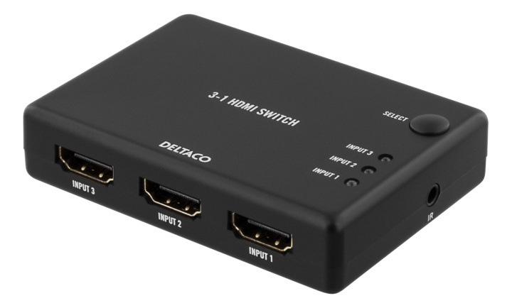 DELTACO HDMI Switch, 3 inputs to 1 output, sup 4K in 60Hz, 7.1, black i gruppen COMPUTERTILBEHØR / Kabler og adaptere / HDMI / VGA / DVI switche hos TP E-commerce Nordic AB (38-53389)