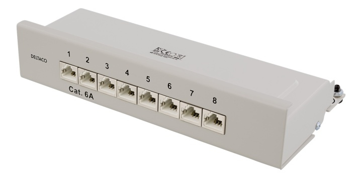 DELTACO Patch Panel, 8xRJ45, Cat6a, wall-mountable, metal, gray i gruppen COMPUTERTILBEHØR / Netværk / Routere hos TP E-commerce Nordic AB (38-53481)