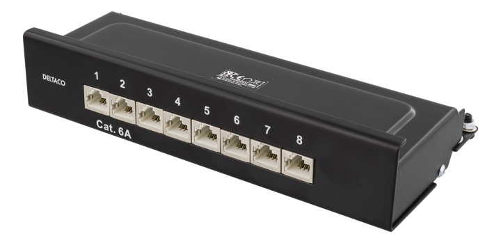 DELTACO Patch Panel, 8xRJ45, Cat6a, wall-mountable, metal, black i gruppen COMPUTERTILBEHØR / Netværk / Routere hos TP E-commerce Nordic AB (38-53482)