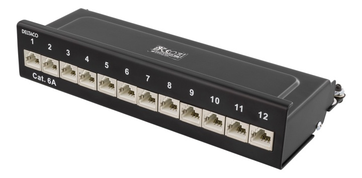 DELTACO Patch Panel, 12xRJ45, Cat6a, wall-mountable, metal, black i gruppen COMPUTERTILBEHØR / Netværk / Routere hos TP E-commerce Nordic AB (38-53484)