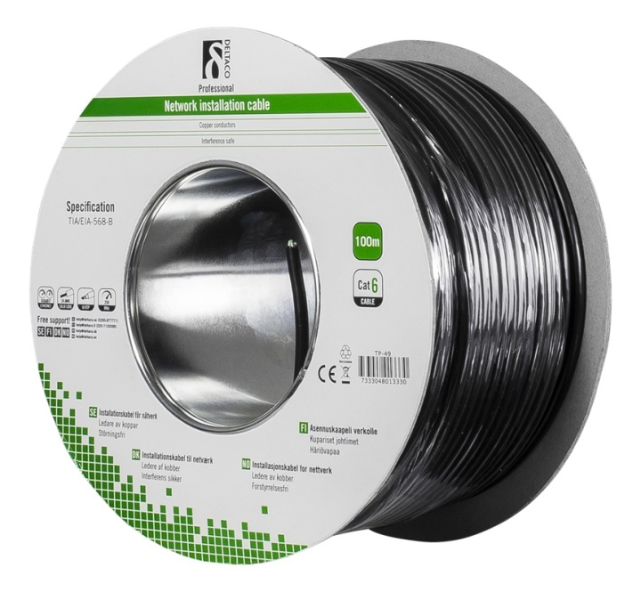 DELTACO U/UTP Cat6 installation cable, for outdoor use, 100m, black i gruppen COMPUTERTILBEHØR / Kabler og adaptere / Netværkskabler / Cat6 hos TP E-commerce Nordic AB (38-53582)