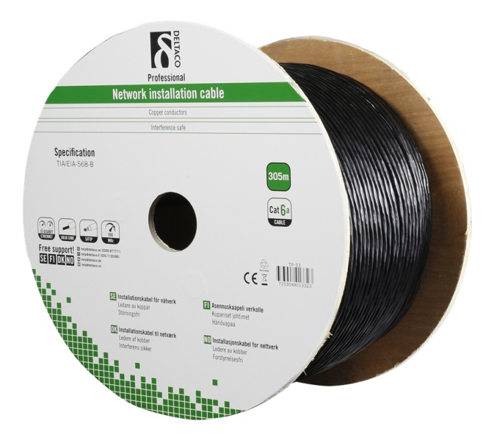 DELTACO S/FTP Cat6a installation cable, for outdoor use, 305m, black i gruppen COMPUTERTILBEHØR / Kabler og adaptere / Netværkskabler / Cat6 hos TP E-commerce Nordic AB (38-53587)